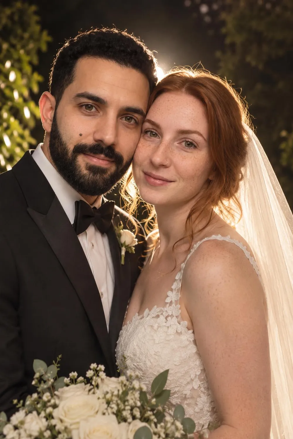 Wedding photo idea: a wedding couple at night with a glowing rim of light behind them