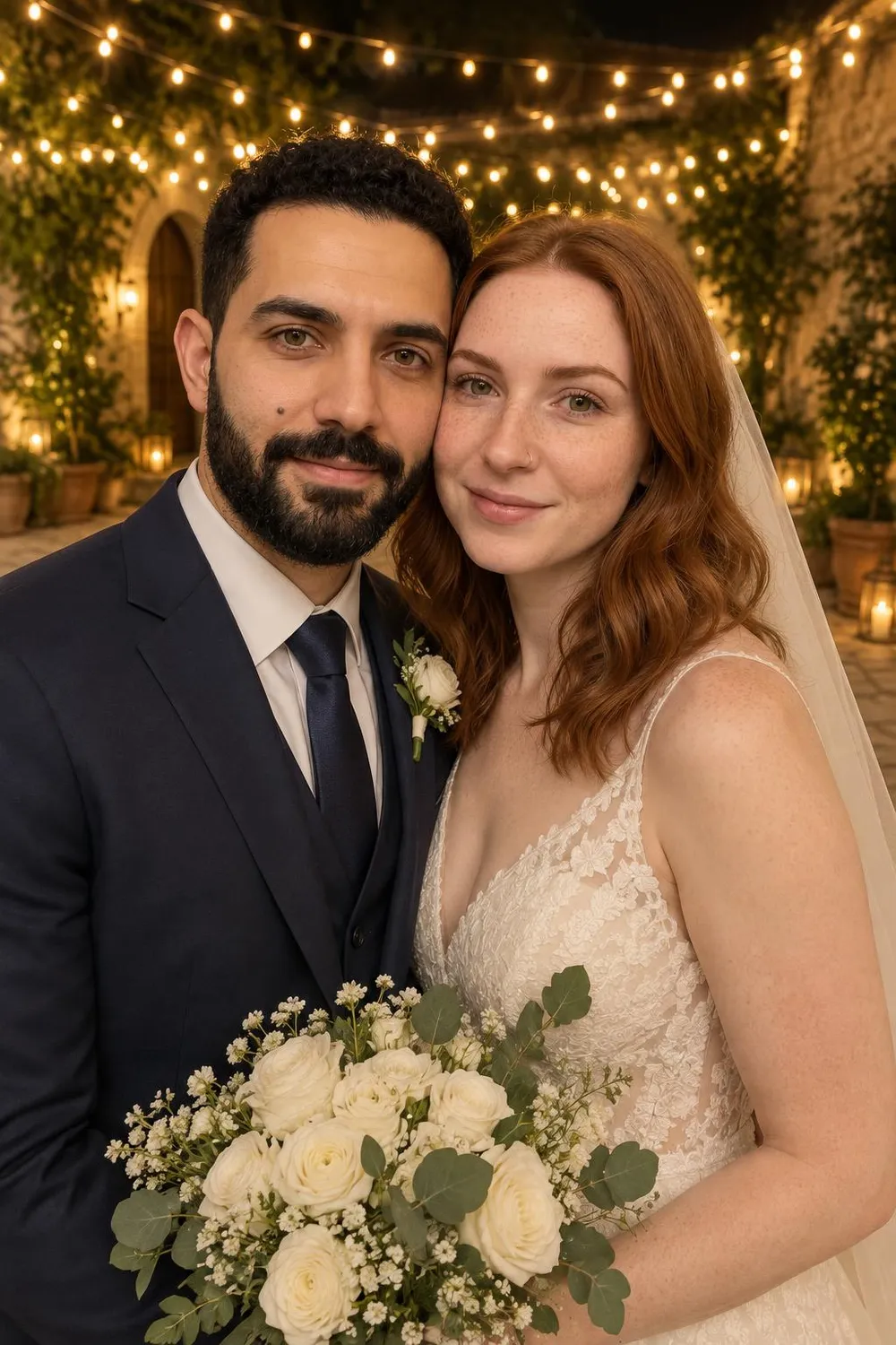 Wedding photo idea: a wedding couple in a courtyard filled with fairy lights