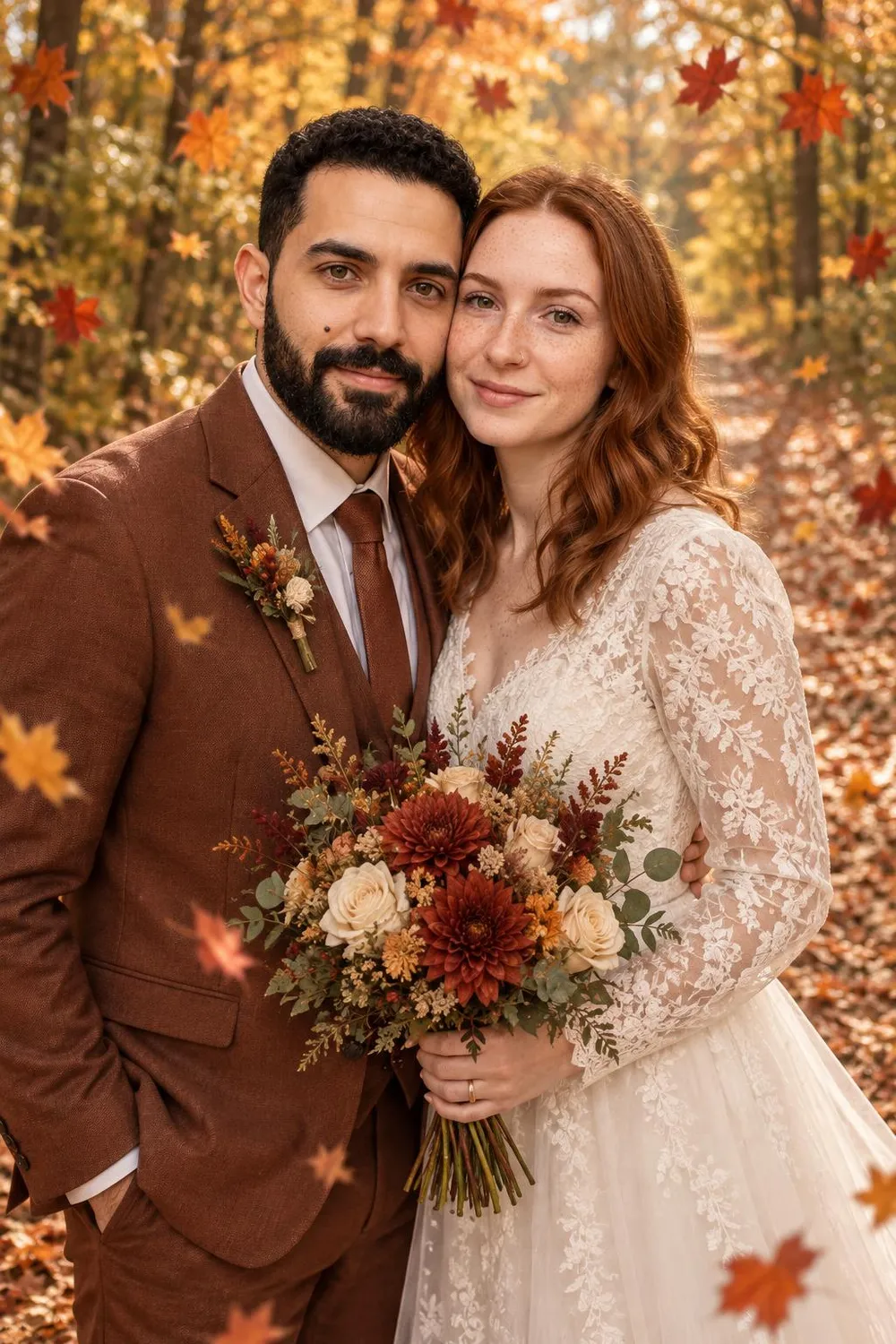 Wedding photo idea: a wedding couple among falling golden autumn leaves