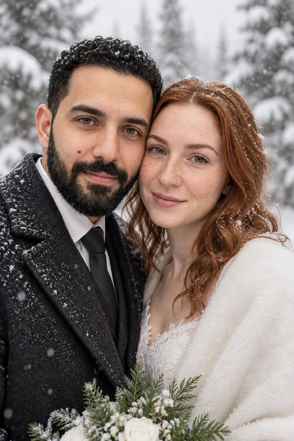 Wedding photo idea: a wedding couple in falling snow among evergreens