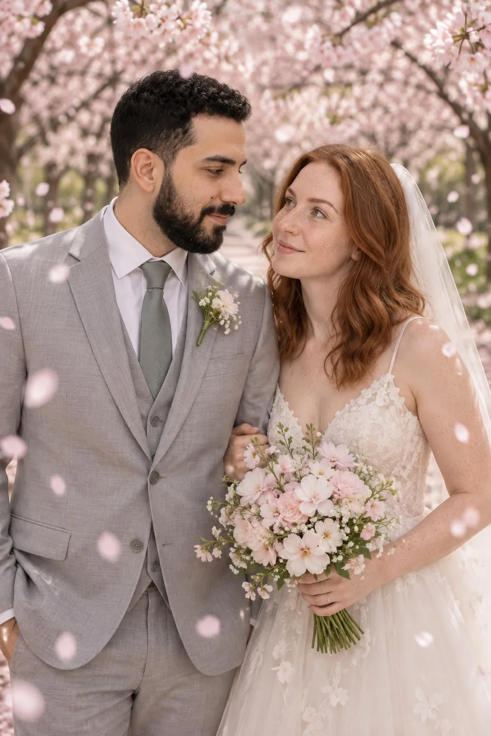 Wedding photo idea: a wedding couple under cherry blossom trees with petals falling