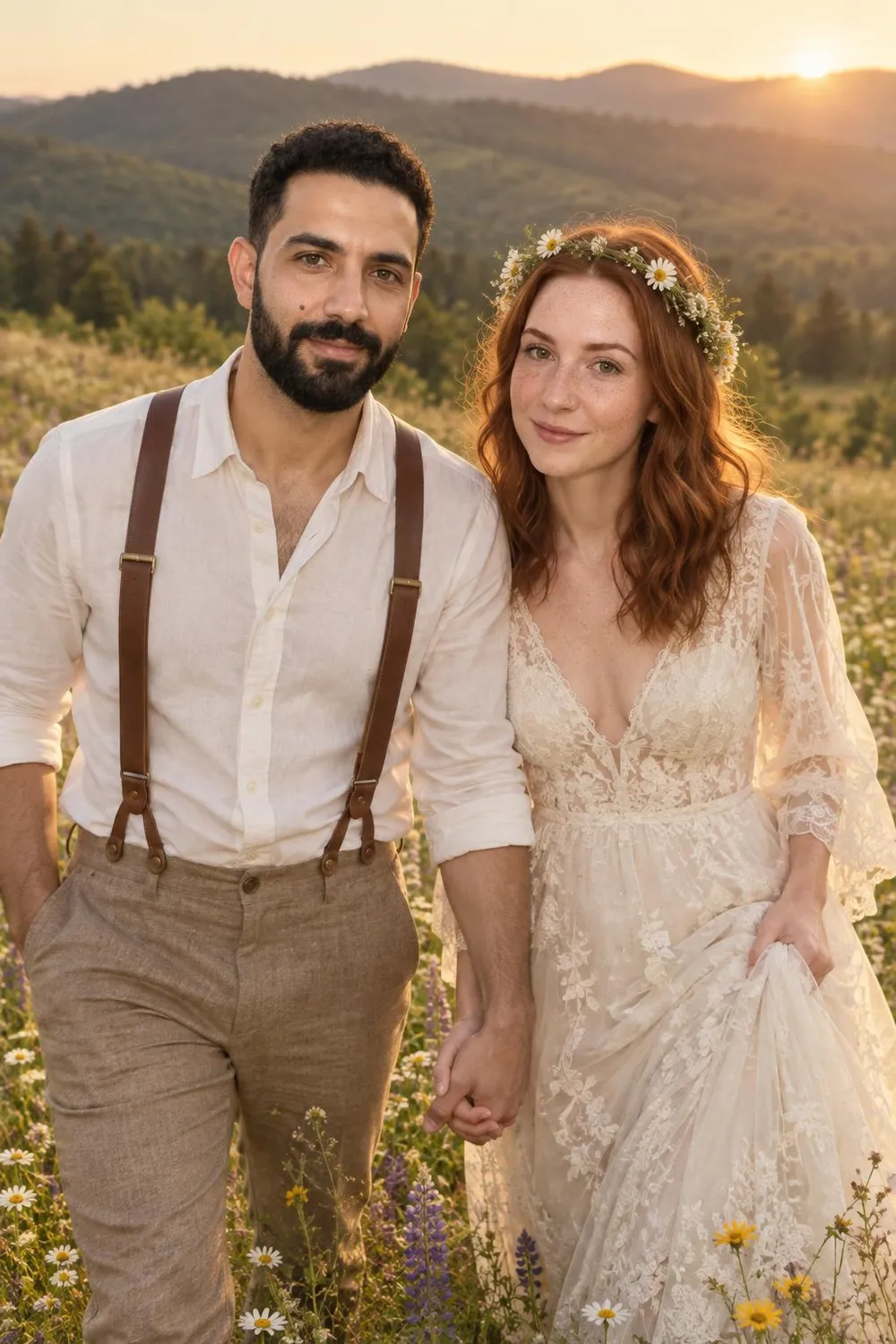 Wedding photo idea: a wedding couple in a wildflower meadow in summer