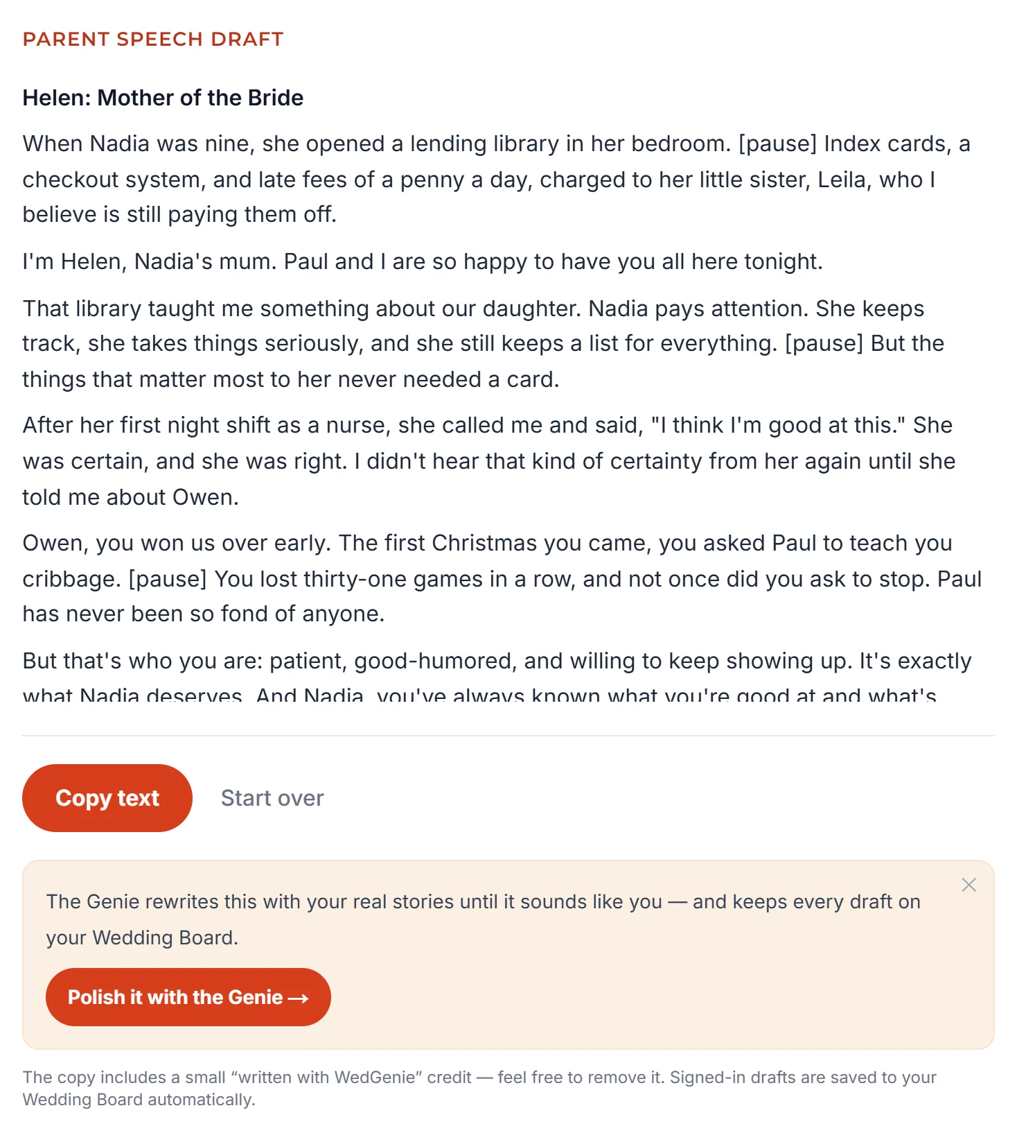The same draft in the generator, headed Parent speech draft, with Copy text and Start over buttons under it