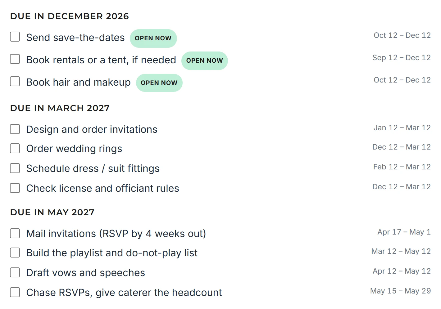The checklist generator's December 2026, March 2027 and May 2027 groups for a June 12, 2027 wedding: Send save-the-dates Oct 12 to Dec 12, Design and order invitations Jan 12 to Mar 12, Mail invitations Apr 17 to May 1
