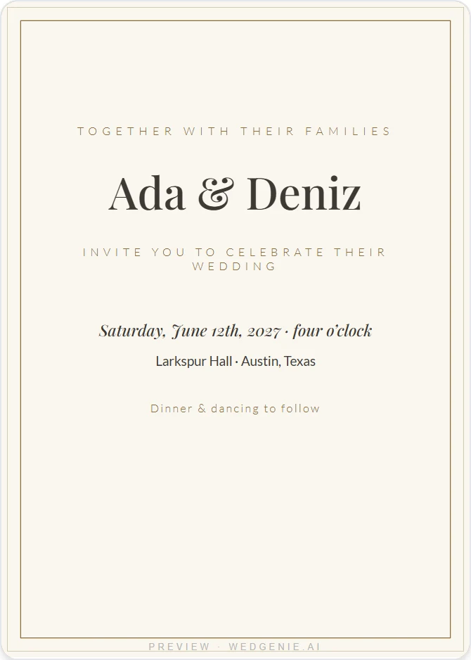 WedGenie's invitation maker previewing an invitation for Ada and Deniz on Saturday, June 12th, 2027, at Larkspur Hall in Austin, Texas
