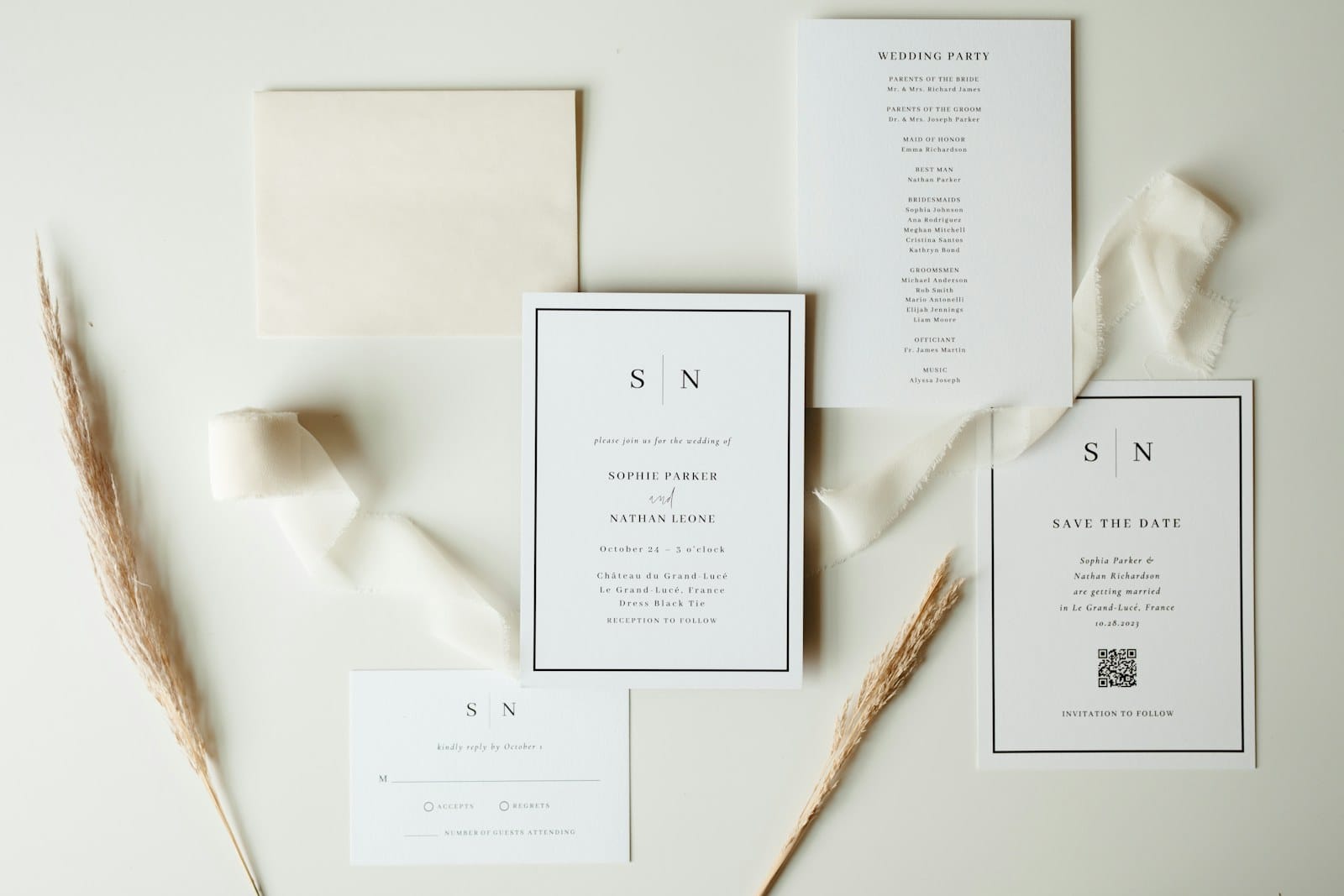 A wedding invitation suite with a save-the-date, an RSVP card with a QR code, ribbon and dried grasses