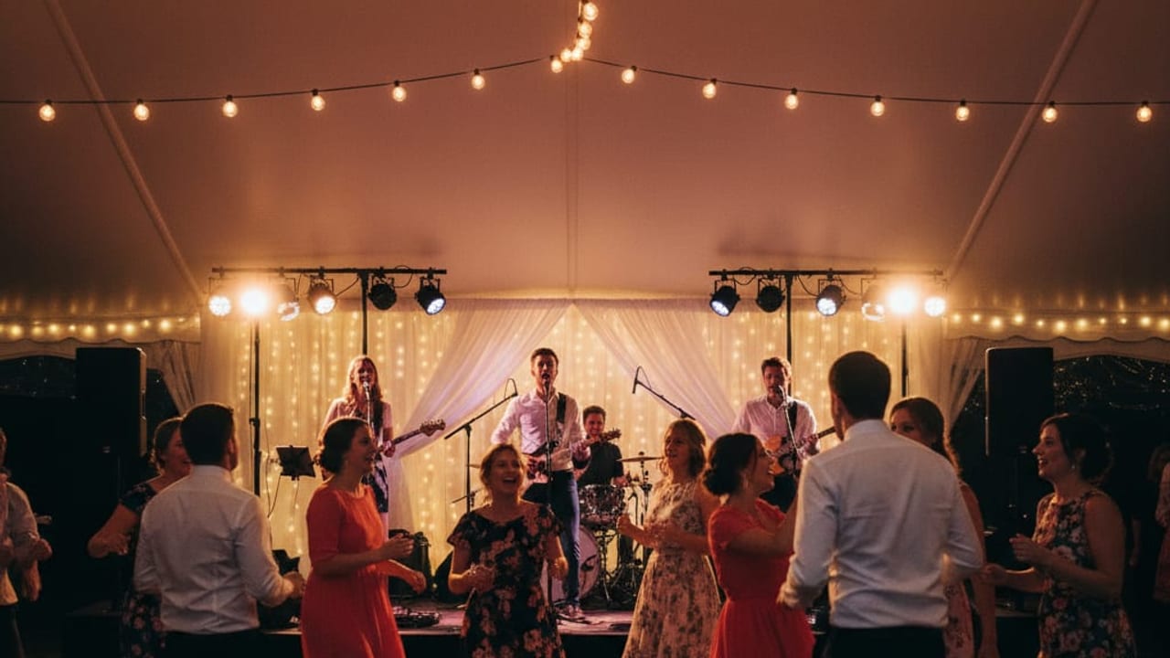Live wedding band playing while guests dance under string lights
