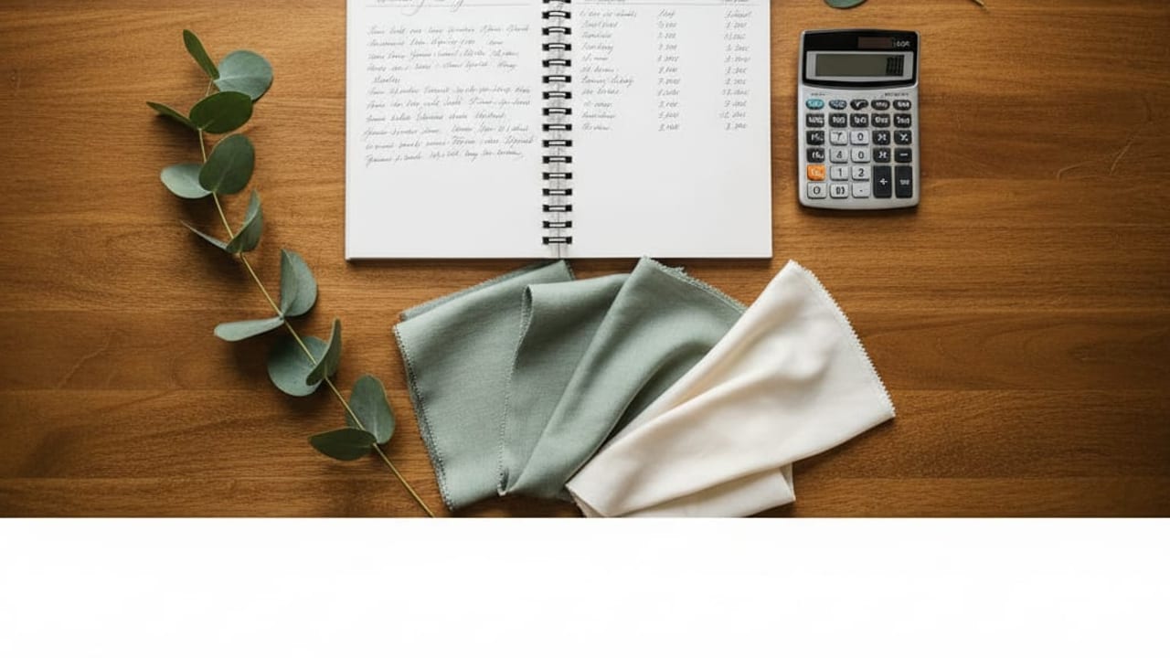 Wedding budget planning flatlay with a notebook, calculator, and fabric swatches