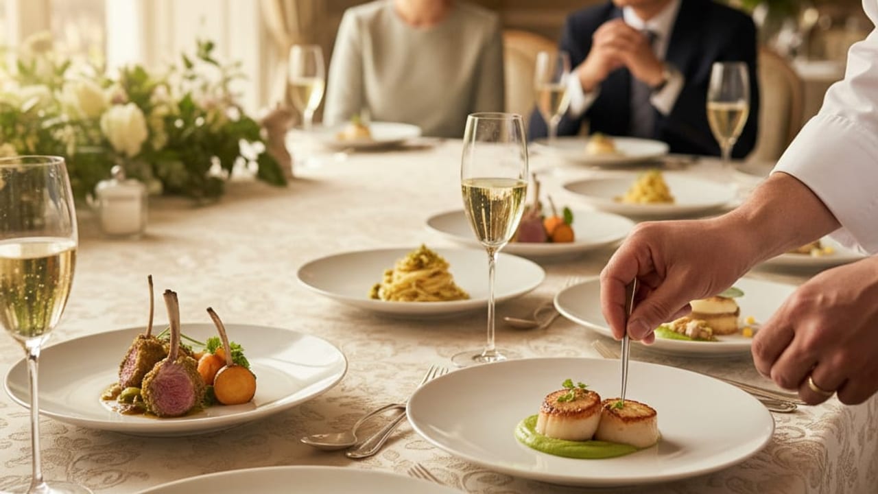 Elegant plated dishes at a wedding catering tasting