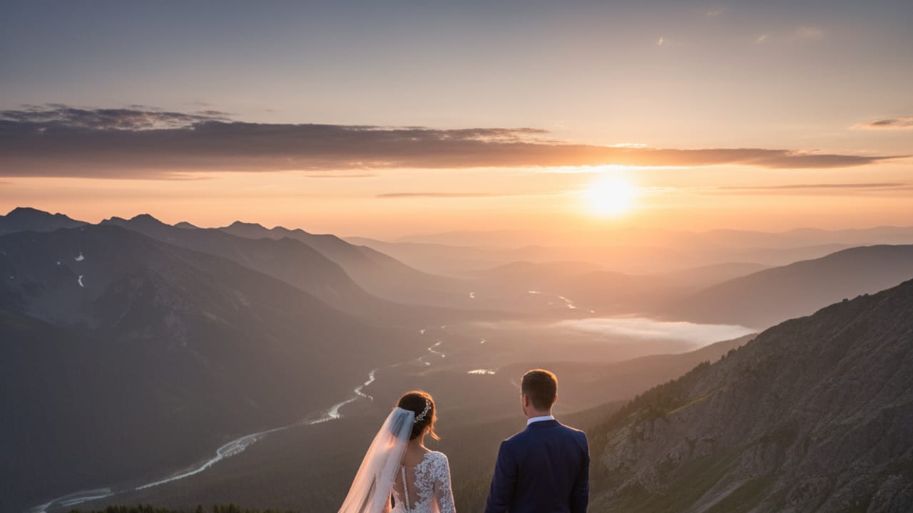 Eloping couple on a mountain overlook at sunrise