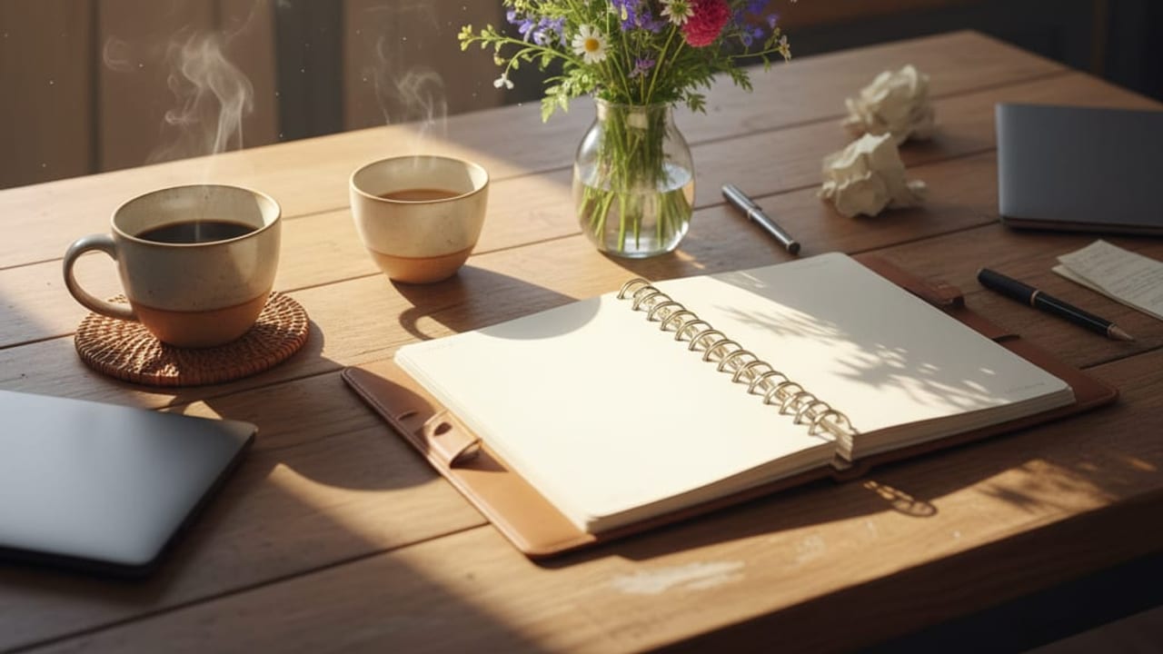 Couple planning their wedding at a kitchen table with a calendar
