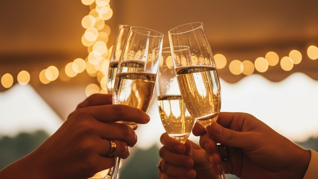 Champagne glasses raised in a wedding toast