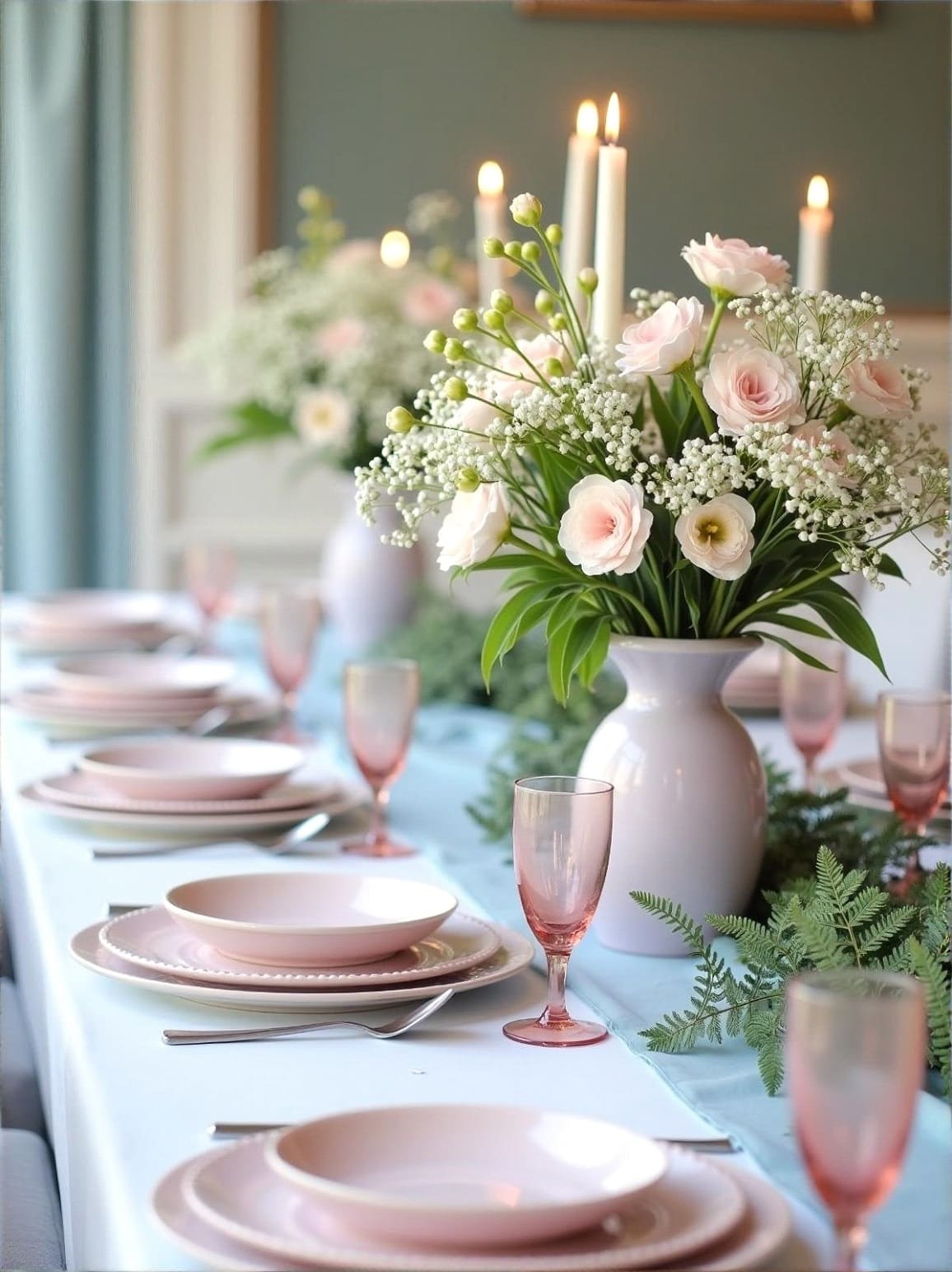 A wedding reception table set with pink glassware, candles and flowers