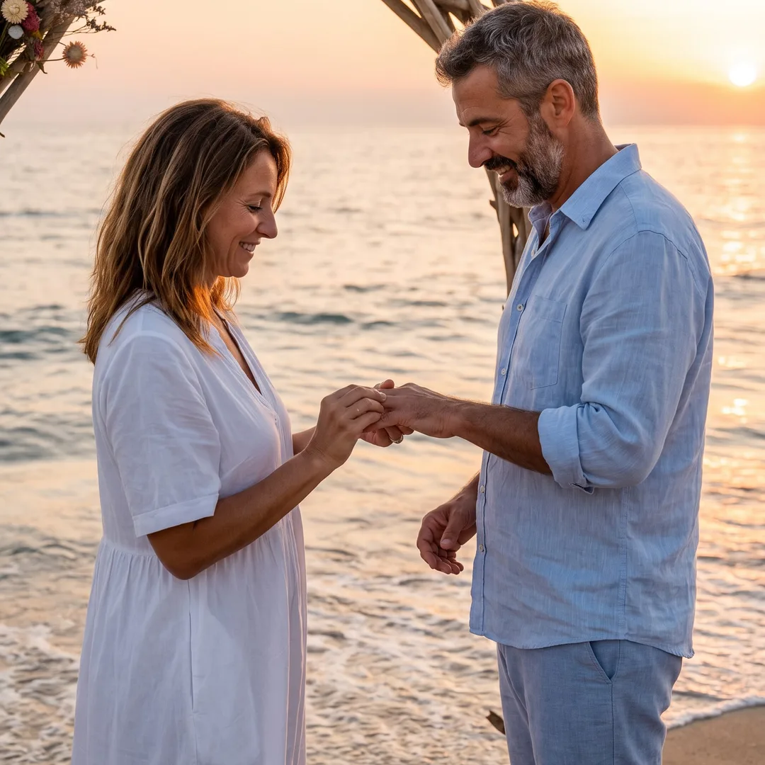 AI-generated anniversary photo example: couple exchanging rings at a sunset beach vow renewal