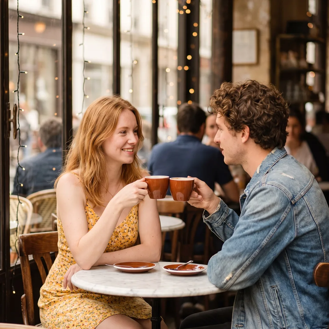 AI-generated anniversary photo example: young couple toasting with coffee in the cafe of their first date