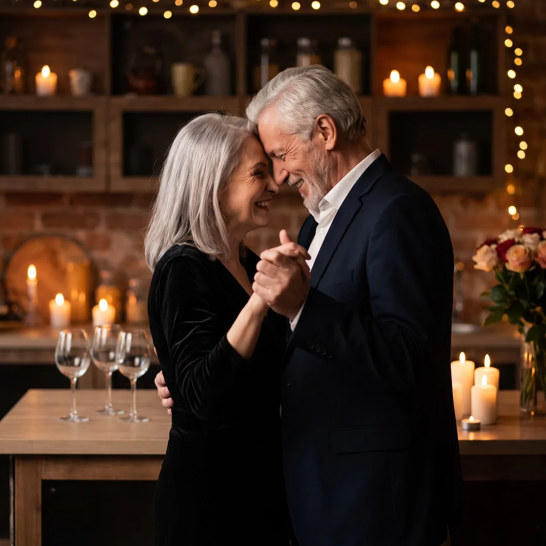 AI-generated anniversary photo example: silver-haired couple slow dancing in their candlelit kitchen