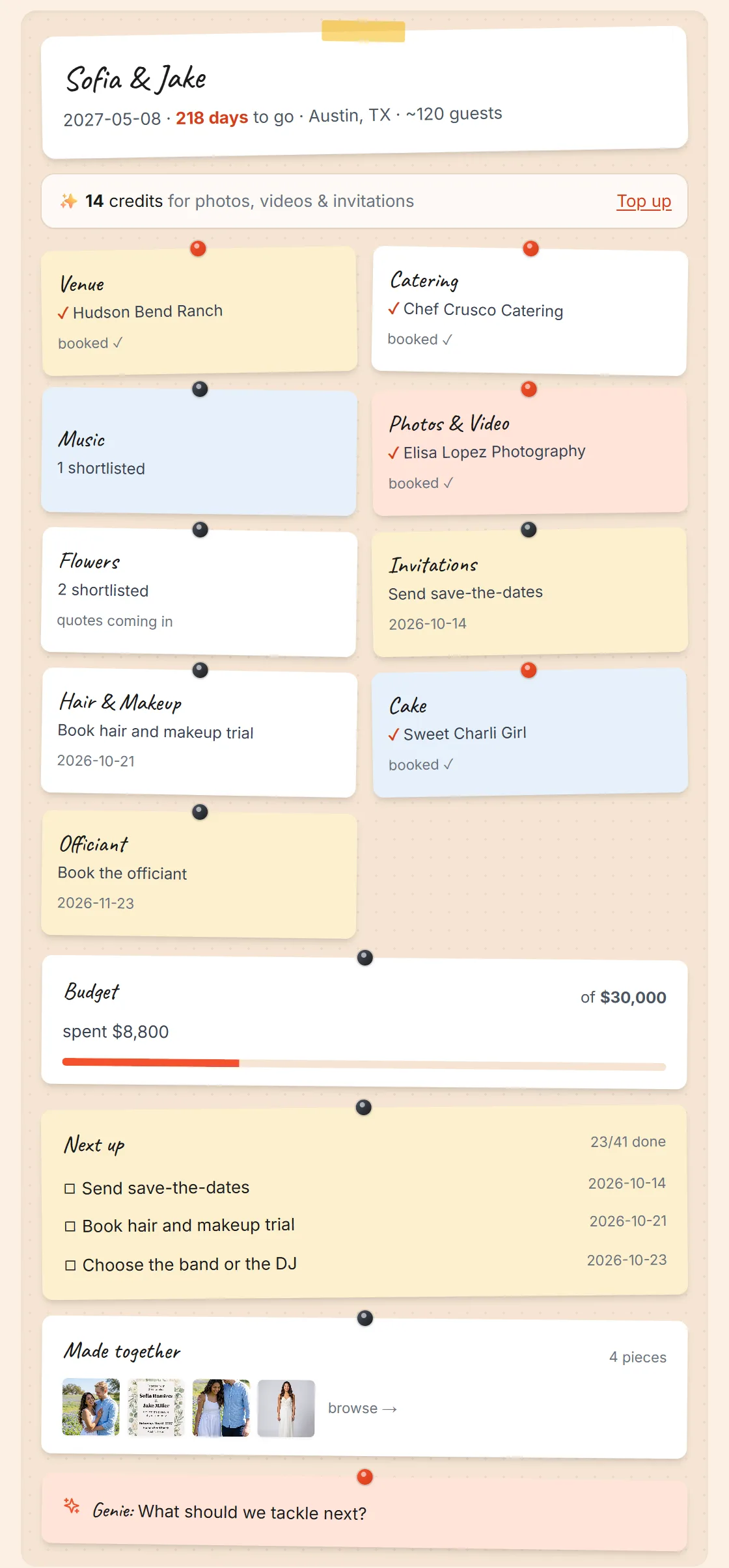 An example Wedding Board: Sofia and Jake, Saturday May 8 2027 in Austin, venue (Hudson Bend Ranch), catering, photographer and cake booked, 23 of 41 tasks done, $8,800 of $30,000 spent, and four pieces made together