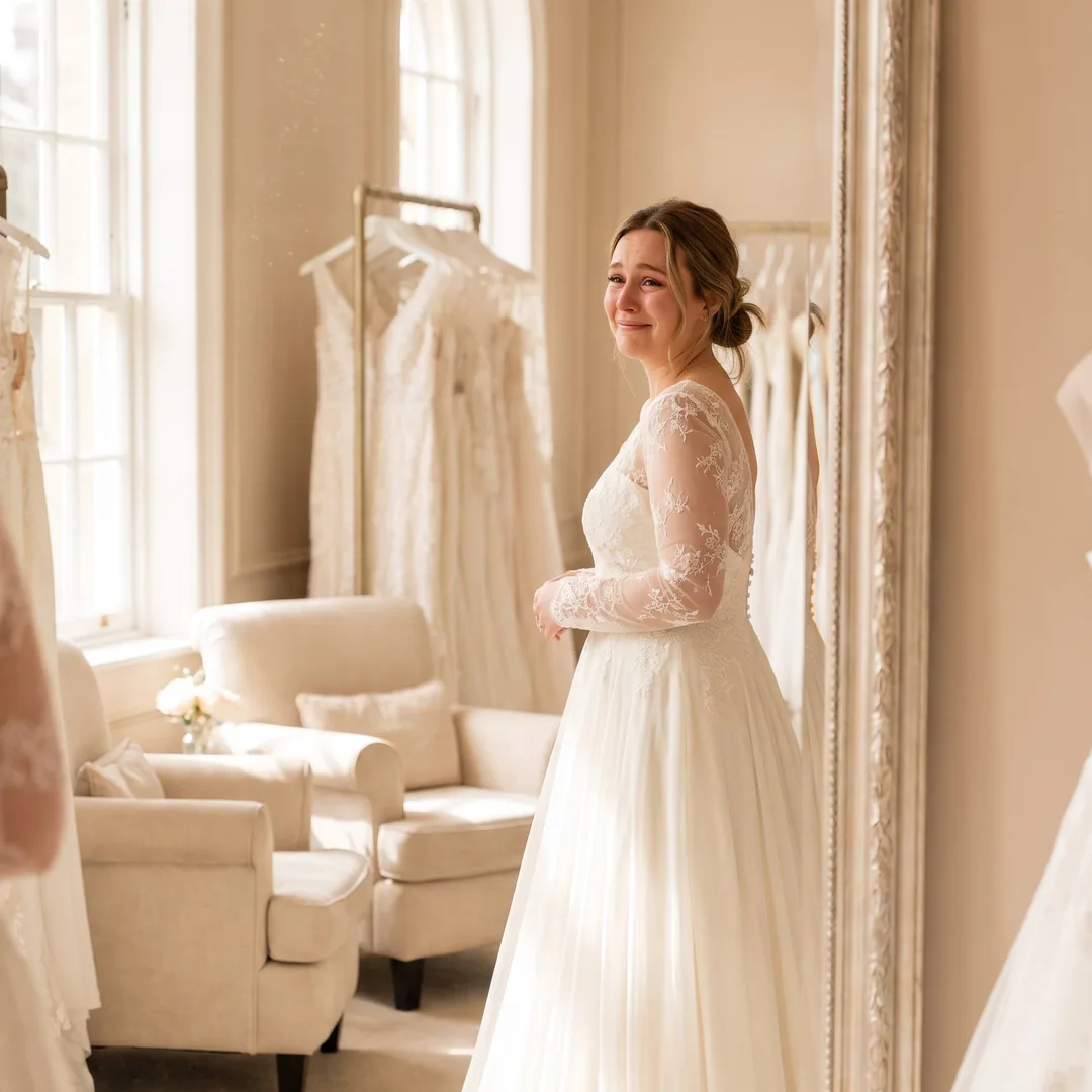 AI dress try-on example: bride-to-be in an A-line gown at a boutique mirror