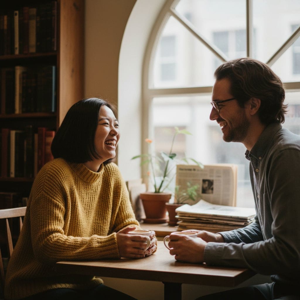 Couple laughing together over coffee