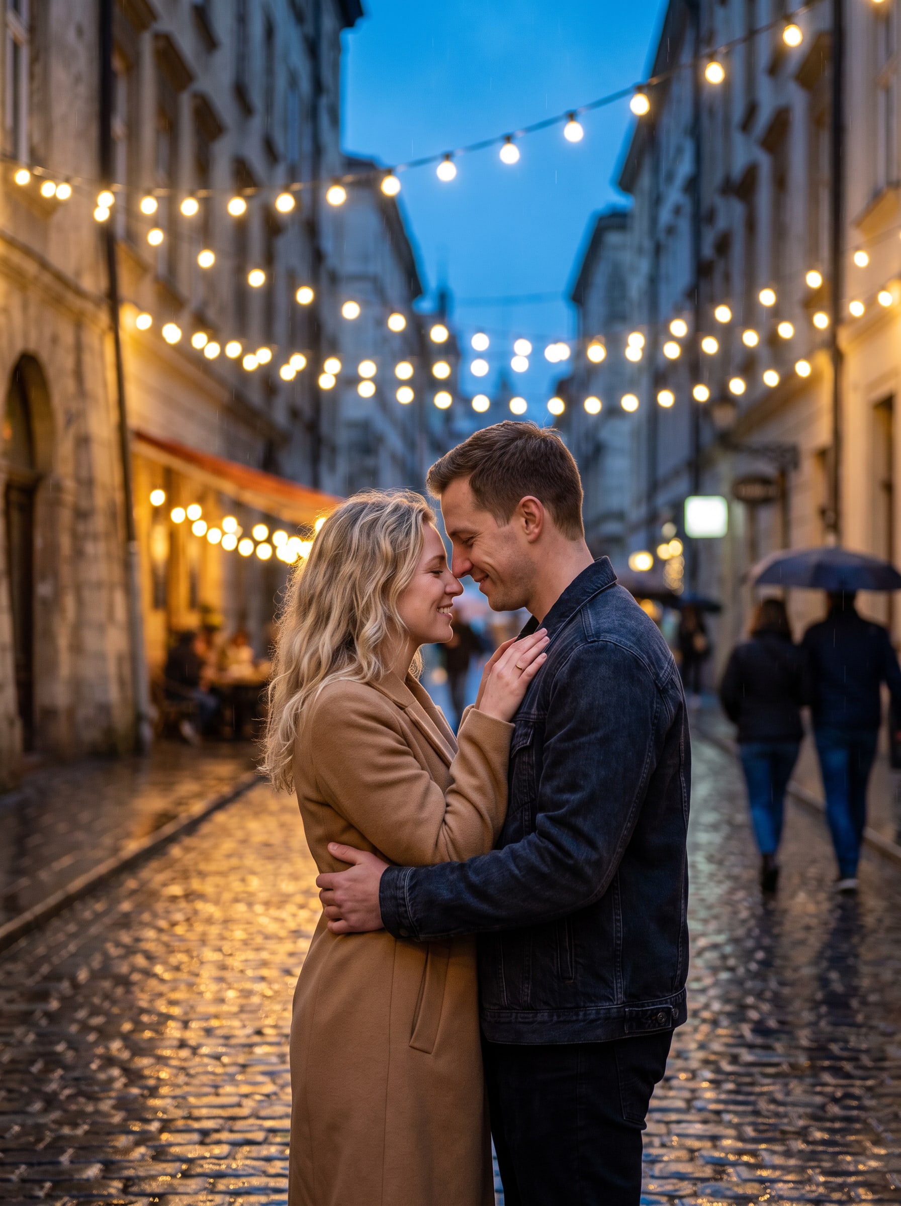 AI-generated engagement photo example of a couple on a city street at blue hour