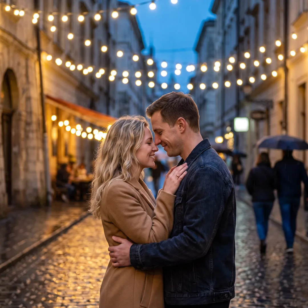 AI-generated engagement photo example: couple under string lights on a rainy city street