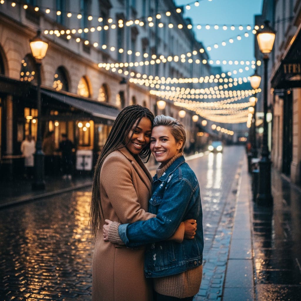 AI-generated engagement photo example of a couple on a city street at blue hour