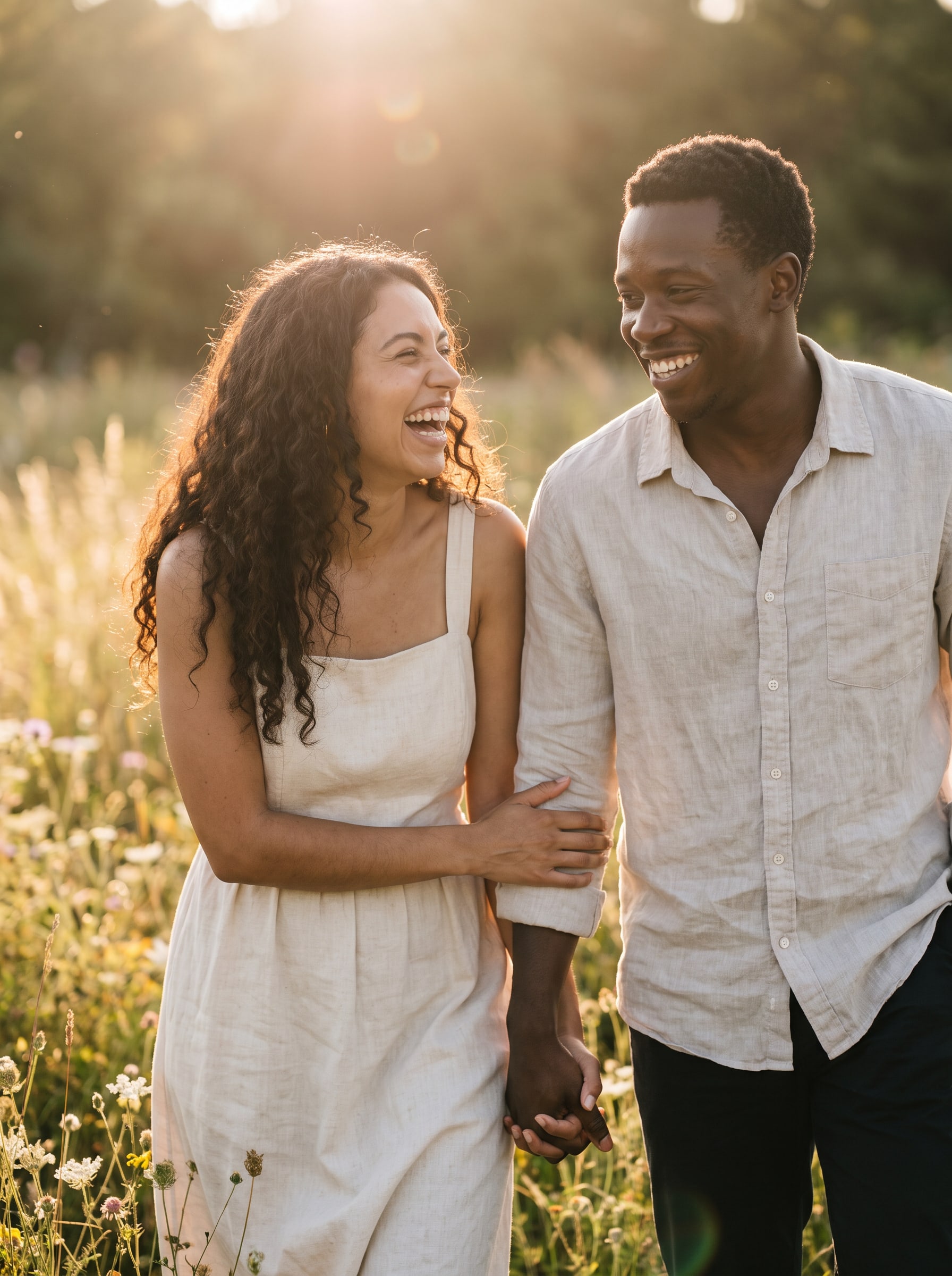 Couple walking hand in hand through a golden-hour meadow