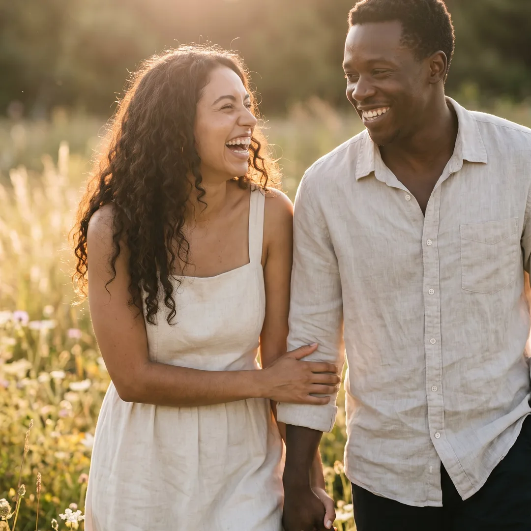 AI-generated engagement photo example: couple in a golden-hour wildflower field