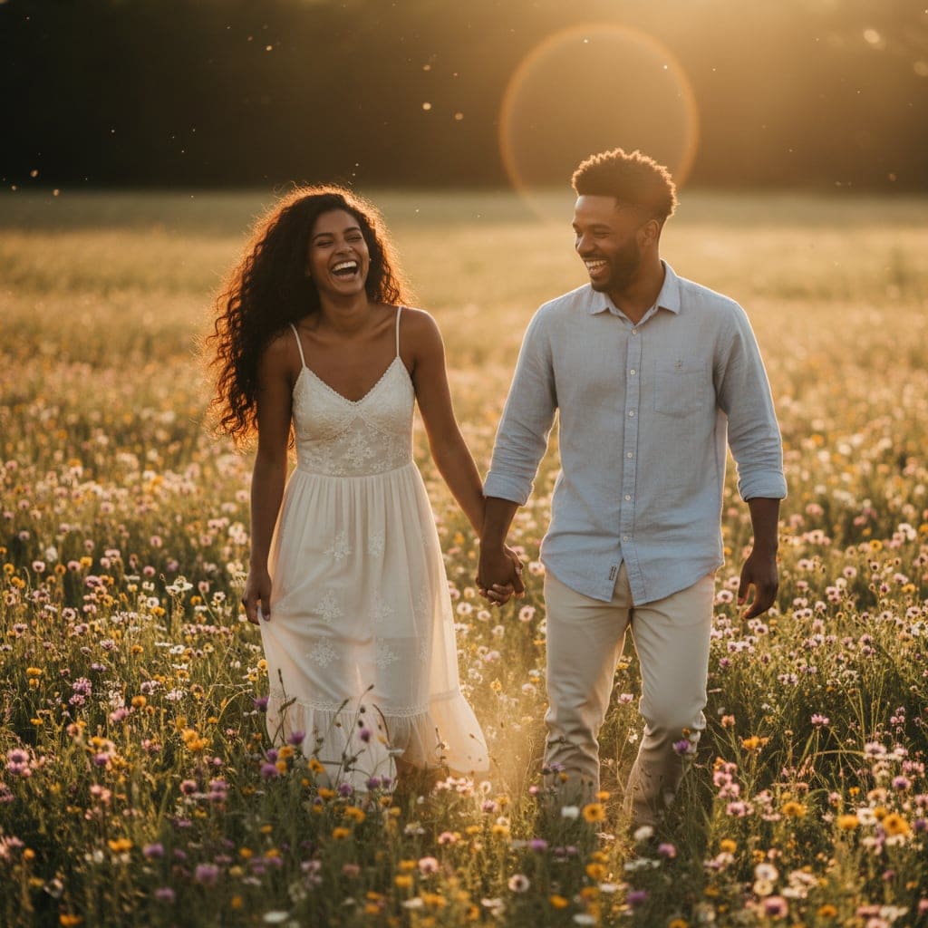 Couple walking hand in hand through a golden-hour meadow