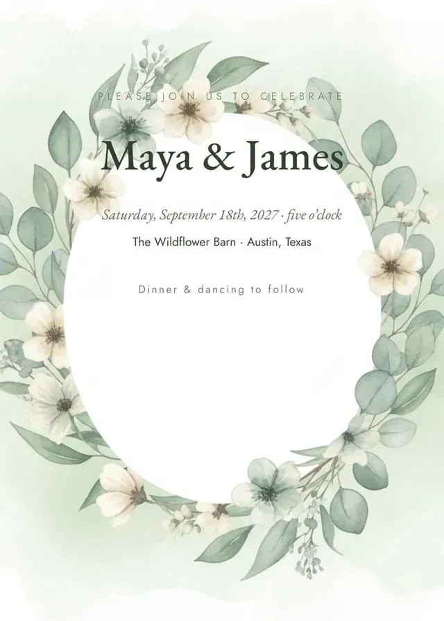Wedding invitation made with the WedGenie invitation maker — botanical template, real typography