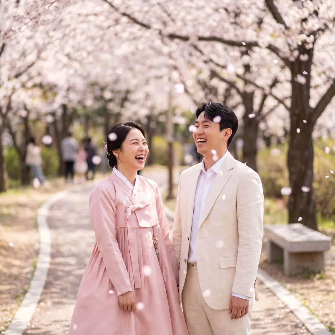AI-generated pre-wedding photo example: couple laughing under drifting cherry blossoms in spring