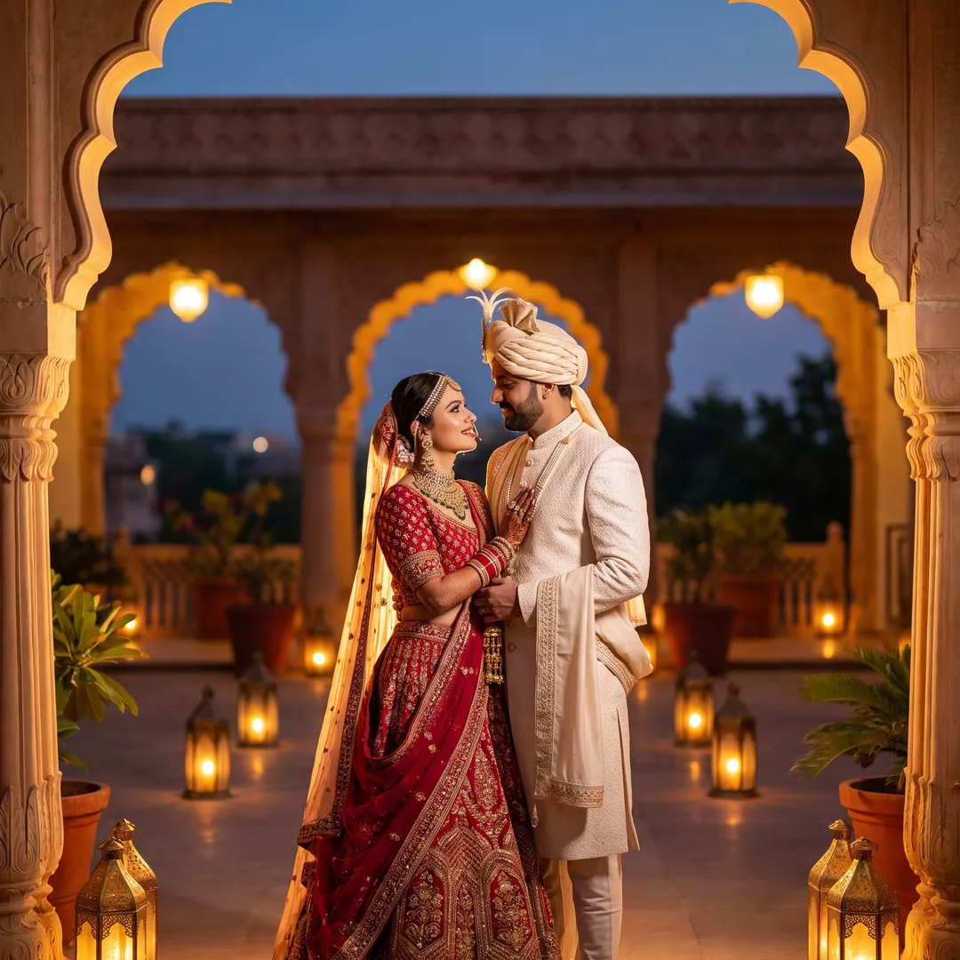 AI-generated pre-wedding photo example: couple in lehenga and sherwani in a lantern-lit palace courtyard at dusk