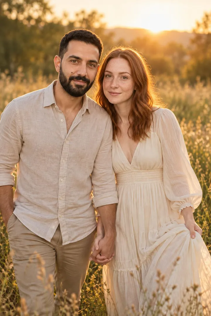 The photo: a couple walking hand in hand through a sunset meadow