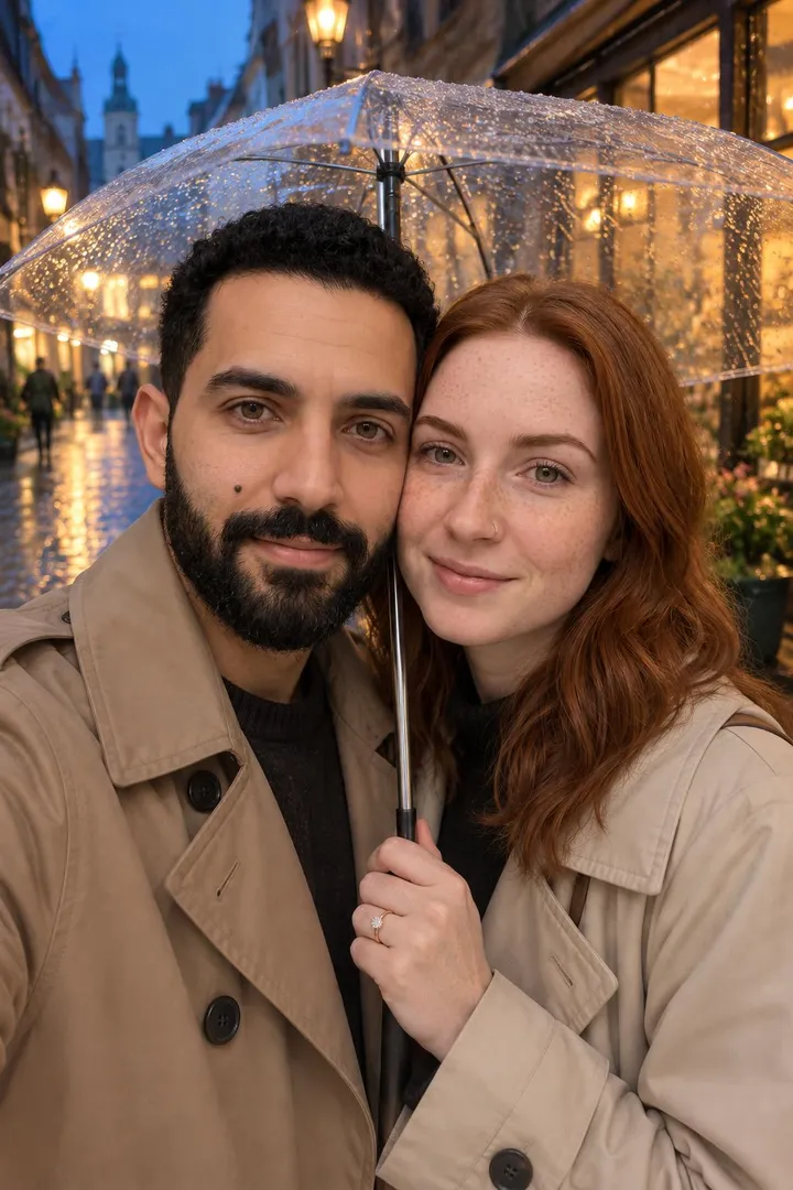 The photo: a couple under one umbrella on a rainy old-town street at blue hour