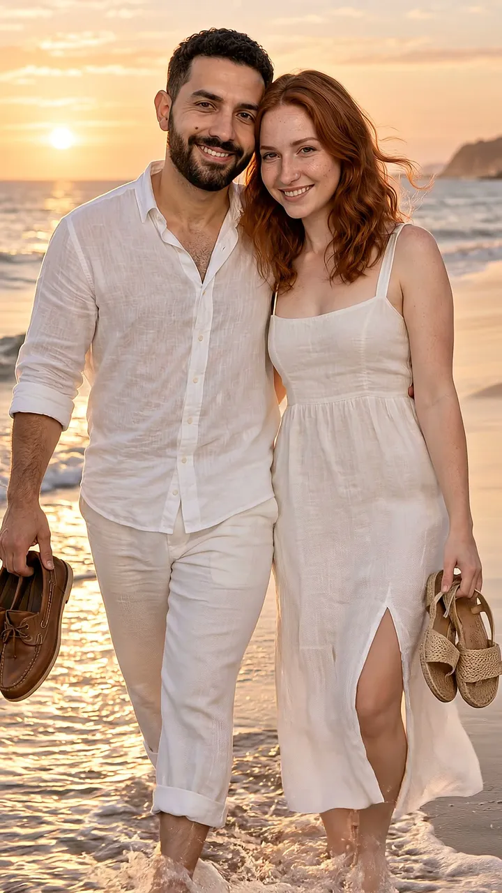 A frame from the film: a barefoot couple walking the waterline at low sun