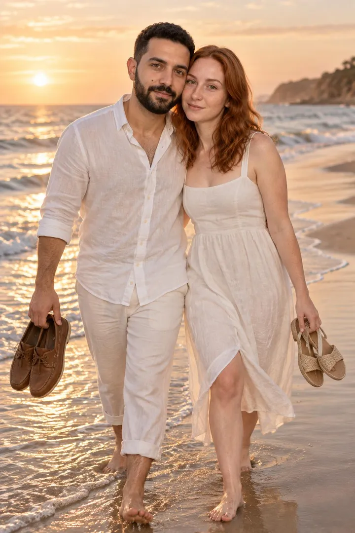The photo: a barefoot couple walking the waterline at low sun