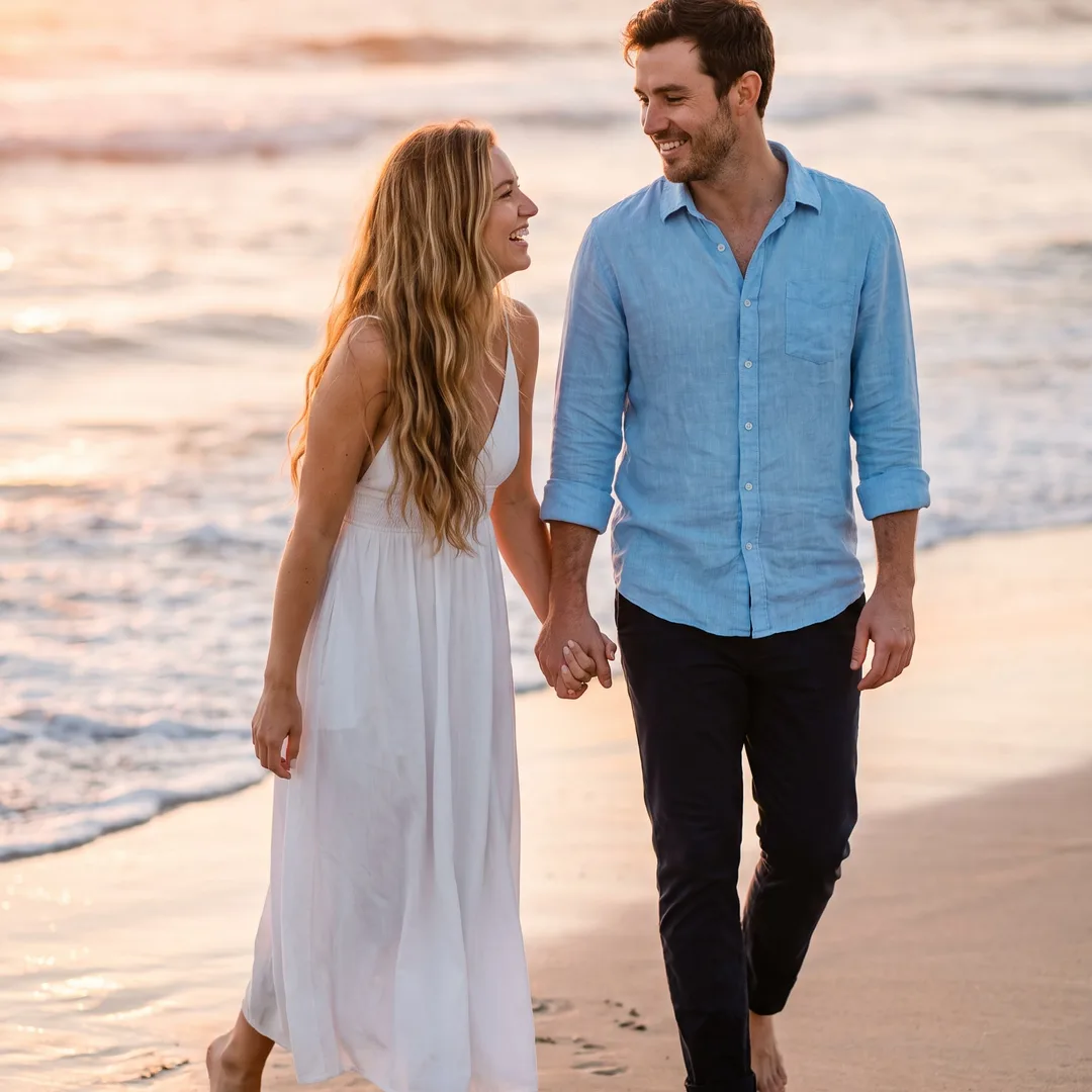 AI-generated photo used as scene one: couple walking the golden-hour waterline