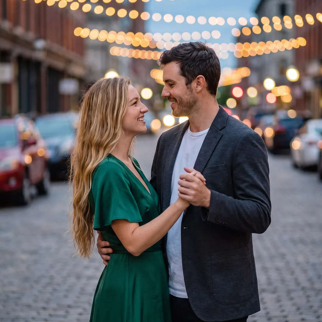 Same couple, AI-generated scene two: slow dancing under evening string lights