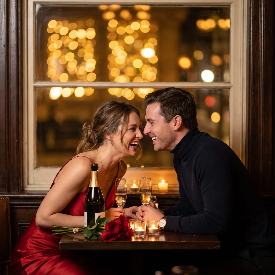 AI-generated Valentine's photo example: couple laughing over a candlelit dinner with city lights behind them