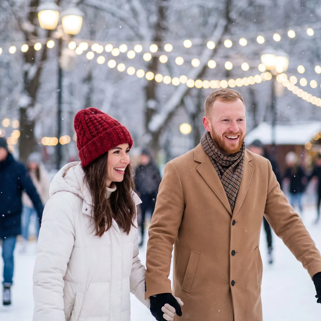 AI-generated Valentine's photo example: couple holding hands on a fairy-lit ice rink in light snow