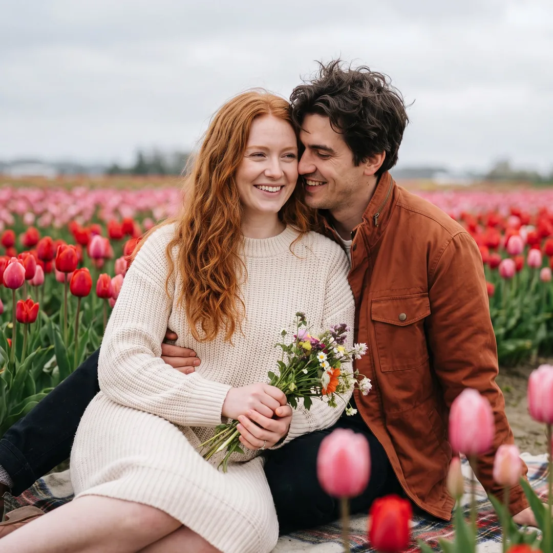 AI-generated Valentine's photo example: couple sharing a picnic blanket in a tulip field with a bouquet