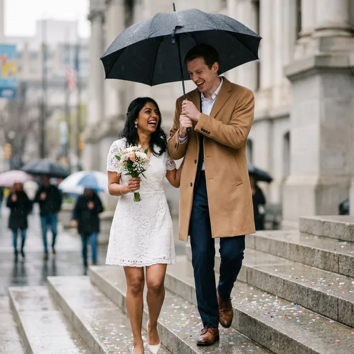 AI-generated wedding photo example: couple laughing down city-hall steps under an umbrella in light rain