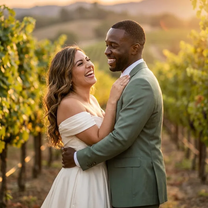 AI-generated wedding photo example: bride and groom laughing between vineyard rows at golden hour