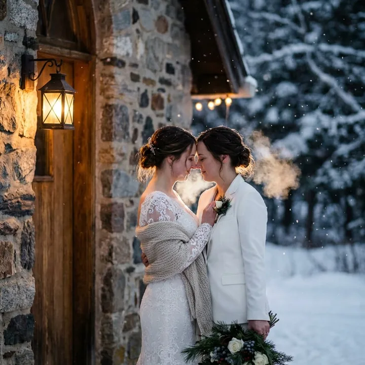 AI-generated wedding photo example: two brides forehead to forehead outside a stone chapel in falling snow